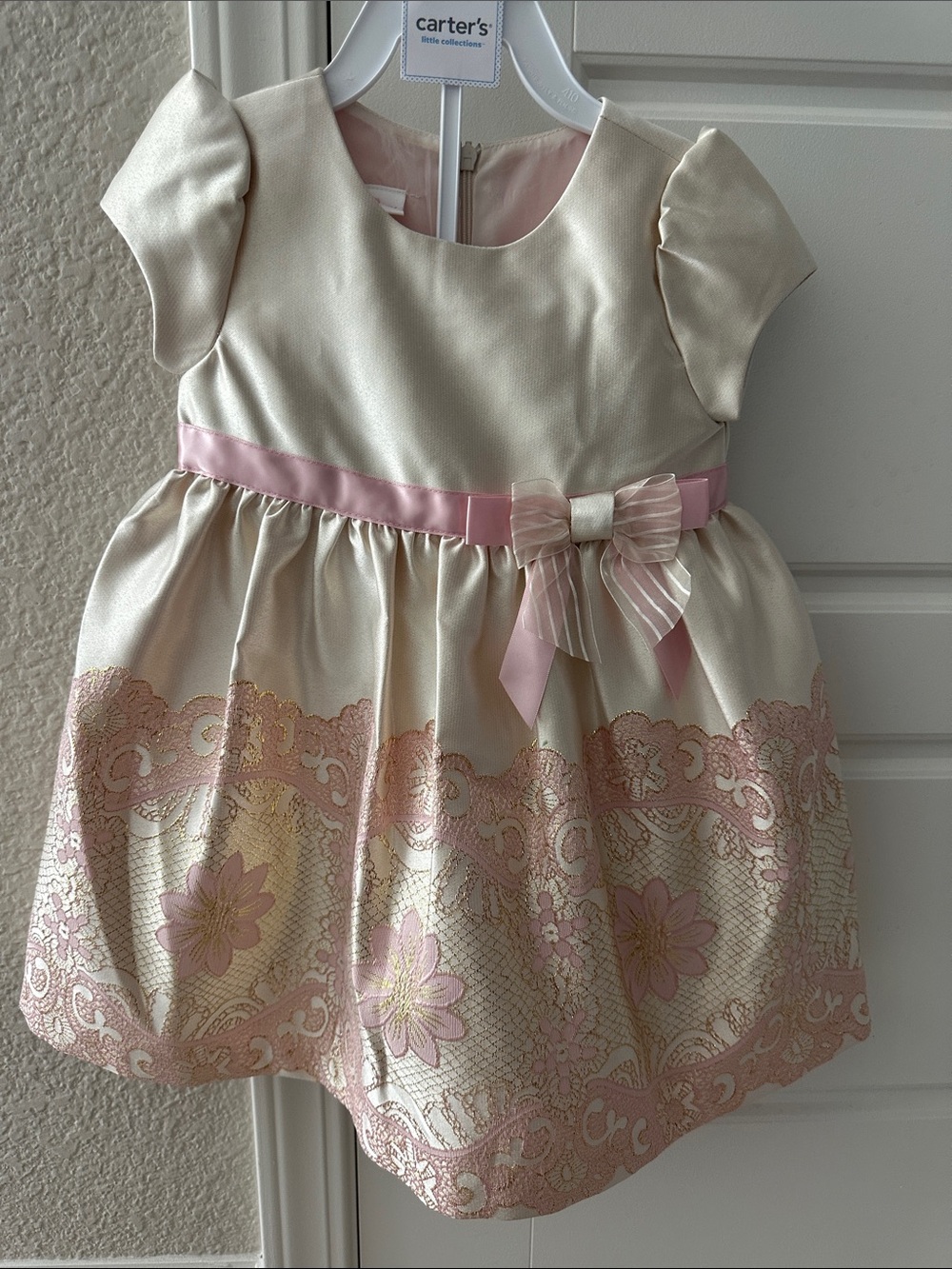 Bonnie Baby Ivory and Pink Floral Lace Satin Party Dress